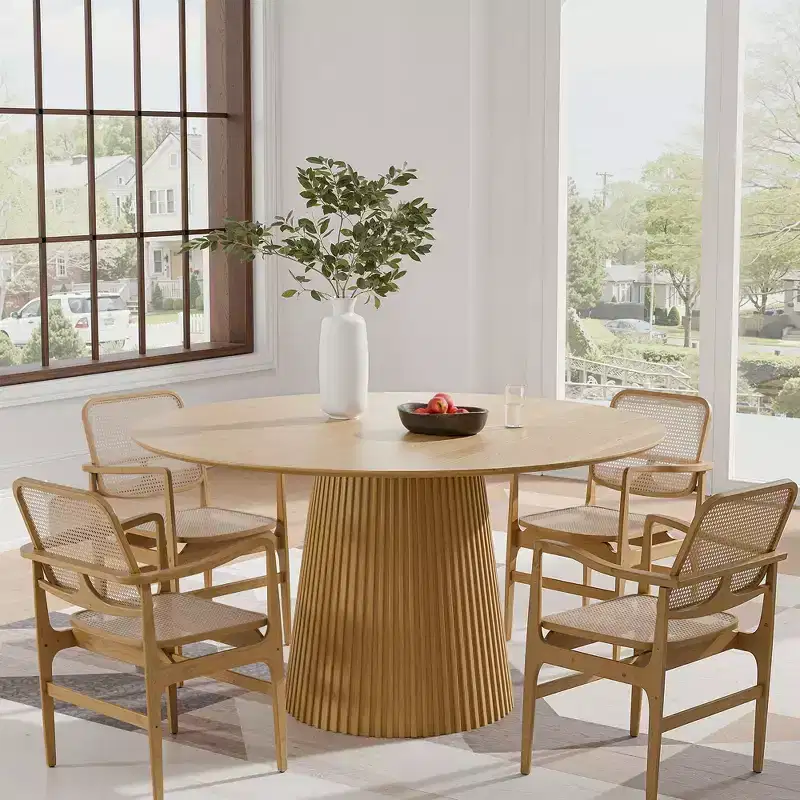 PexFix 52 Round Dining Table for 6 People Modern Pedestal Table with Fluted Cone Base & Wood MDF Top for Small Space Kitchen Dining Room Cafe Natural