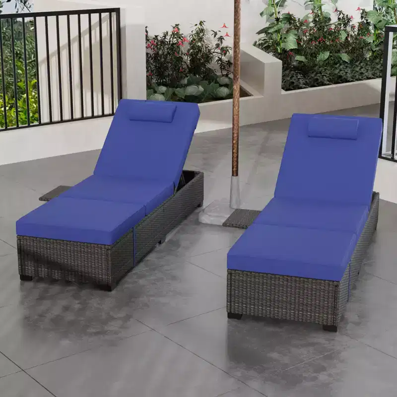 Patio Chaise Lounge Chair Set of 2, Outdoor Rattan Wicker Loungers with Adjustable Reclining and Cushions