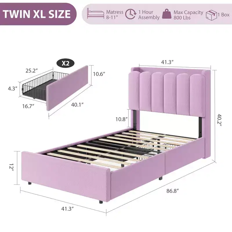COZONY Upholstered Bed Frame with Storage Headboard, Platform Bed with Drawers and Bookcase, No Box Spring Needed
