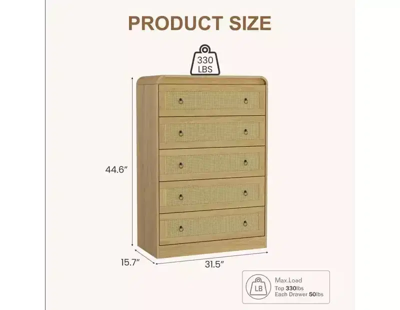 31''Tall Rattan Dresser, 5 Drawer Dresser for Bedroom, Dressers & Chests of Drawers, Modern Chest of Drawers for Bedroom, Living Room, Hallway