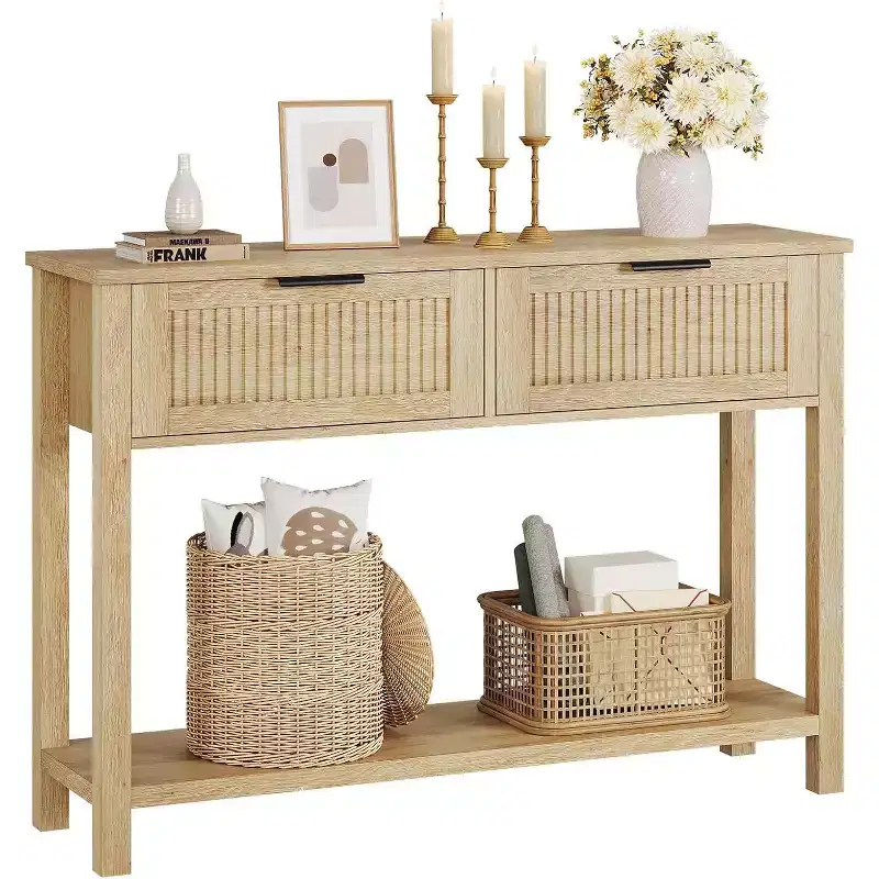 43 Farmhouse Entryway Console Table with 2 Drawers & 2-Tier Storage for Living Room, Foyer (Natural wood color)