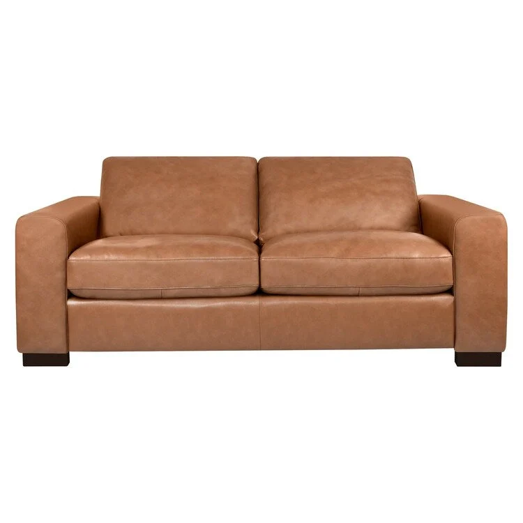 Genuine leather sofa & loveseat with feather cushions, square arms, sturdy & stylish.