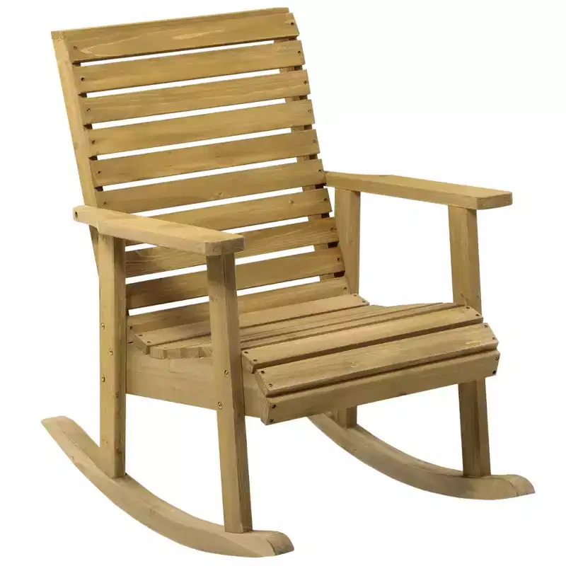 Wooden Outdoor Rocking Chair, Traditional Slatted Wood Rocker Chair with Armrests and High Backrest for Indoor & Outdoor