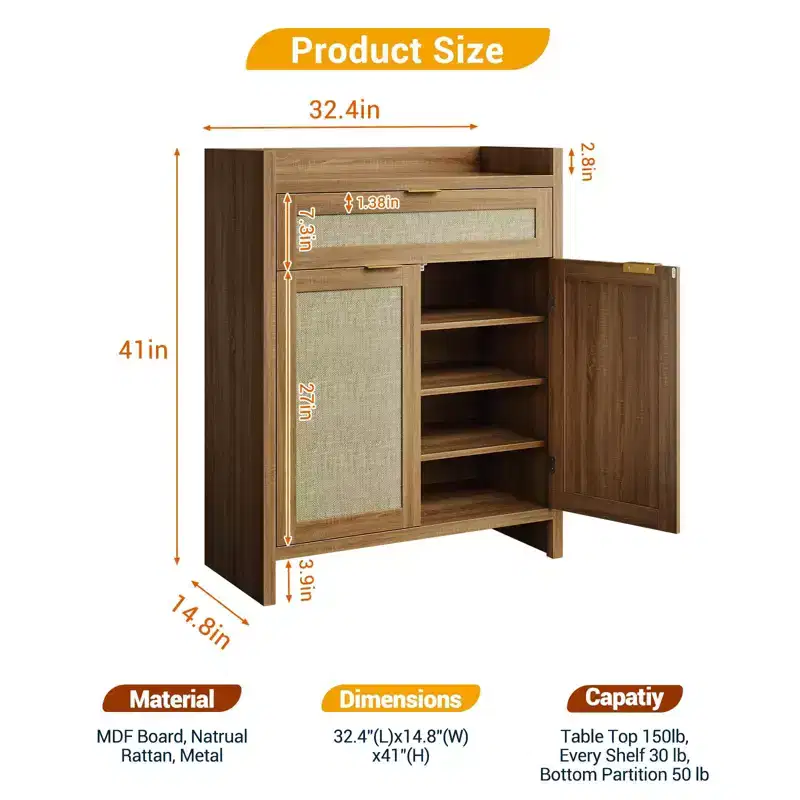 41 Tall Wooden Shoe Cabinet with 2 Doors, Drawer, 6-Tier Farmhouse Storage Cabinet for Home