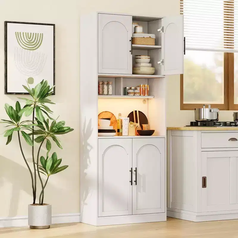 White Tall Kitchen Pantry Cabinet with RGB Light, 4 Doors & Open Shelves