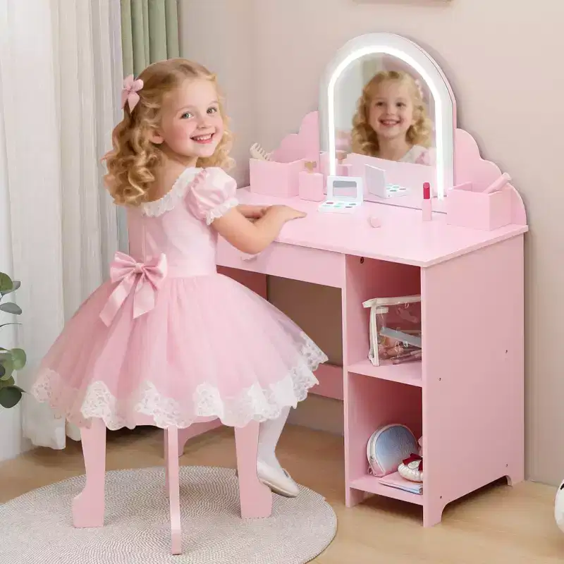 Kids Vanity Set with Lighted Mirror & Stool Makeup Table with Storage Drawer & Shelves for Girls Ages 39