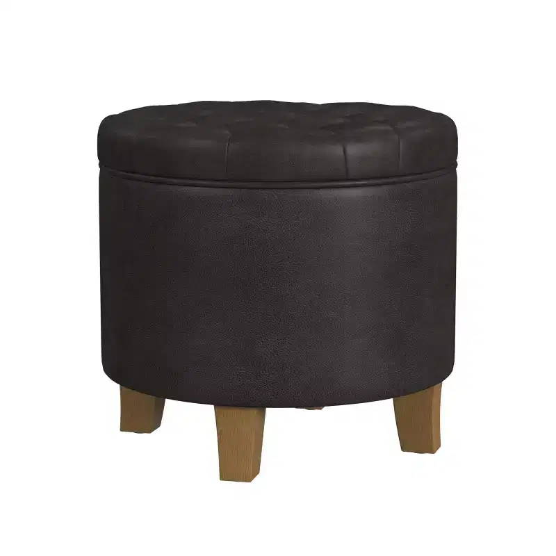 Round Tufted Storage Ottoman, Faux Leather