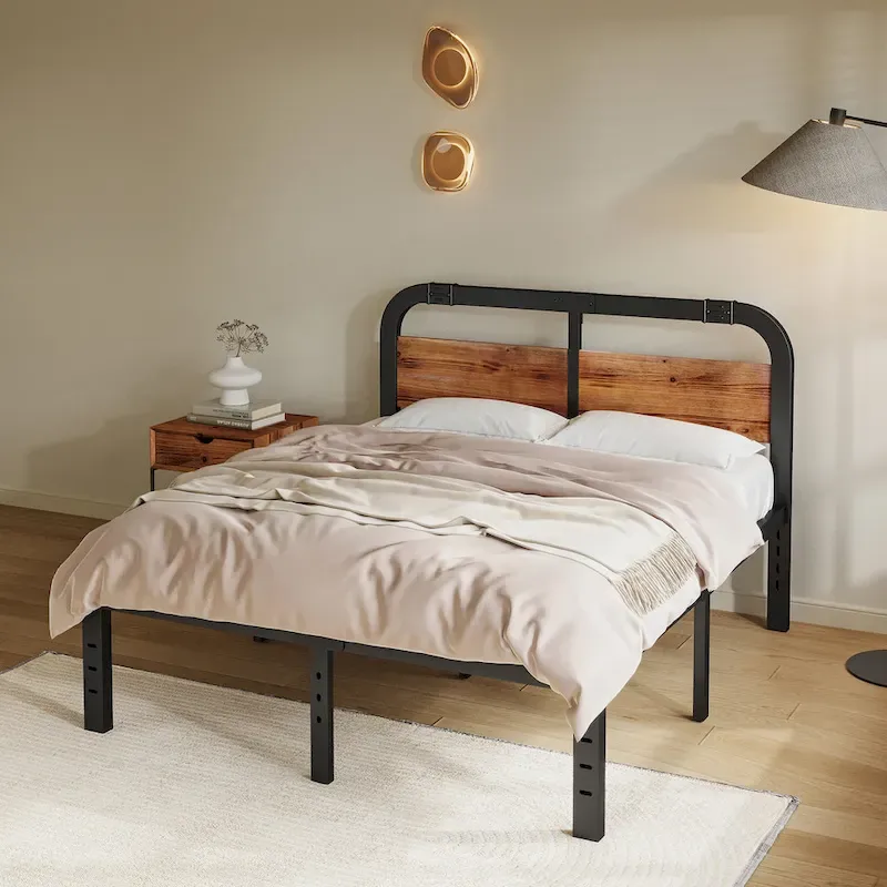 Bed Frame 14 Inch Rustic Wood Headboard, Heavy Duty Steel Slats Support, No Box Spring Needed