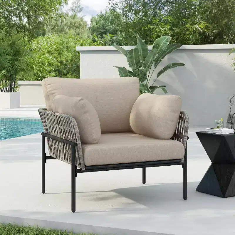 36W Patio Accent Chair Lounge Chair Arm Chair with Cushions, Pillows and Stylish Rope-Weave Design, Iron, Beige+Grey/Natural-ModernLuxe