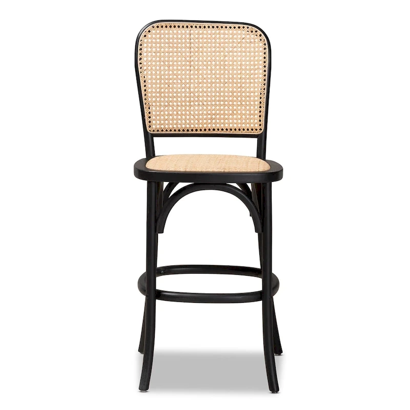 Vance Mid-Century Modern Woven Rattan and Wood Counter Stool