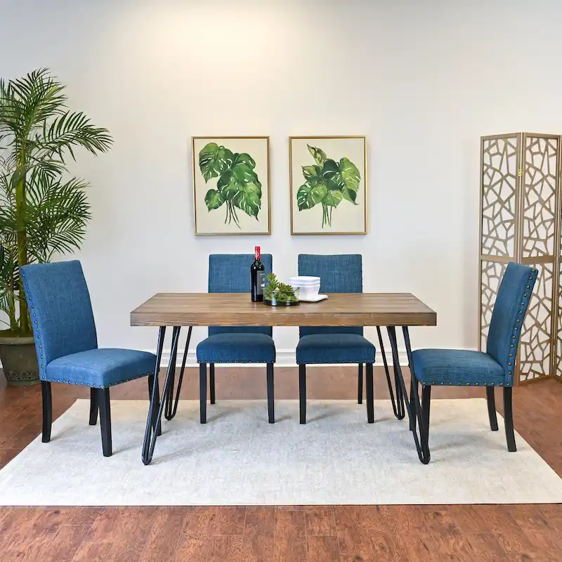 Industrial Style 6-Piece Dining Set with Rectangular Table, 4 Linen Upholstered Chairs and Bench