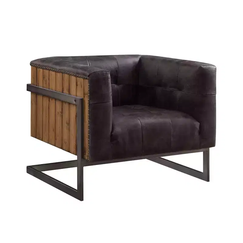 31" Accent Chair Antique Black Top Grain Leather/Rustic Oak -Furniture: No Assembly, Metal Frame, Spot Clean