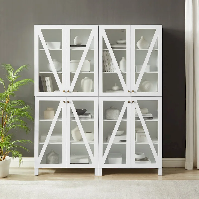 2-Piece Tall Storage Pantry Set with Glass Doors, Modern Farmhouse Style, White