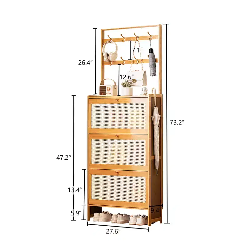 Bamboo Shoe Cabinet with 3 Rattan Flip Drawers and Coat Hooks, Narrow Freestanding Shoe Storage Cabinet