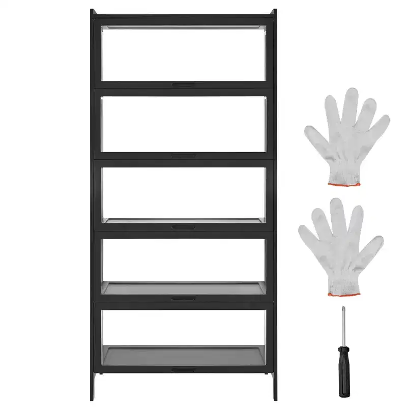 VEVOR Display Cabinet with Acrylic Doors, 68 in Tall 5-Tier Curio Cabinet, Natural Wooden Fame, Collectibles Toy Organizers Rack, Black