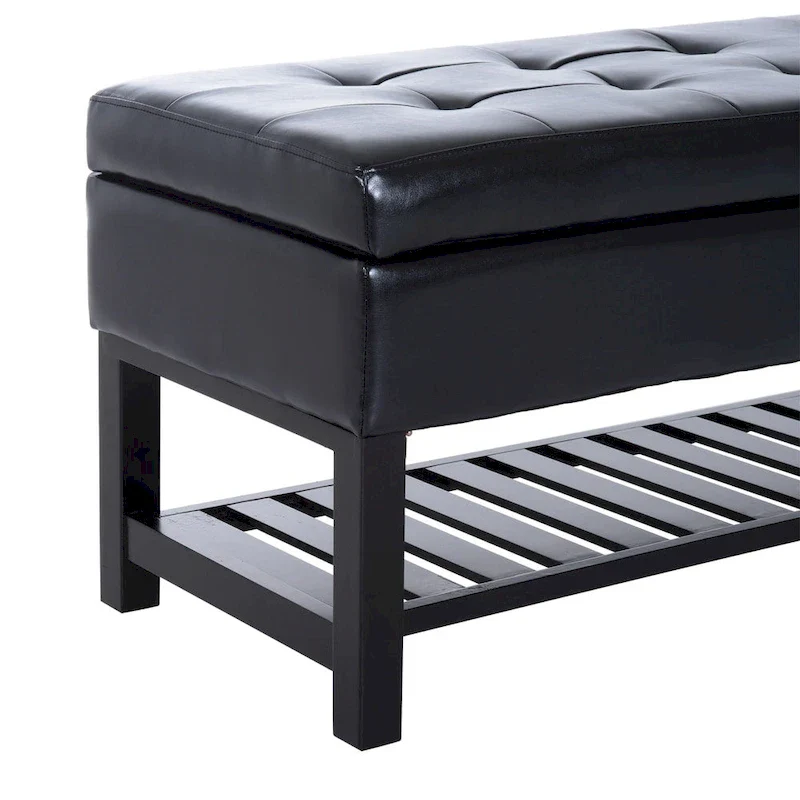 44-Inch Black PU Leather Tufted Ottoman Storage Bench with Shoe Rack, Entryway Living Room Seat