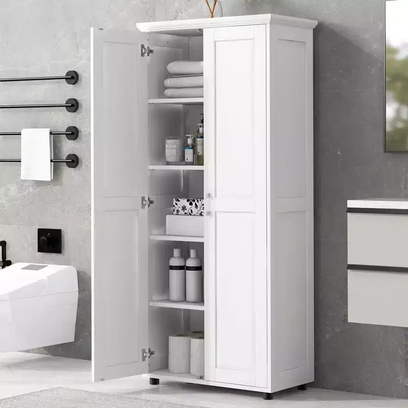 Minimalist Style Storage Cabinet with Double Doors and Adjustable Shelves for Bathroom, Office - White