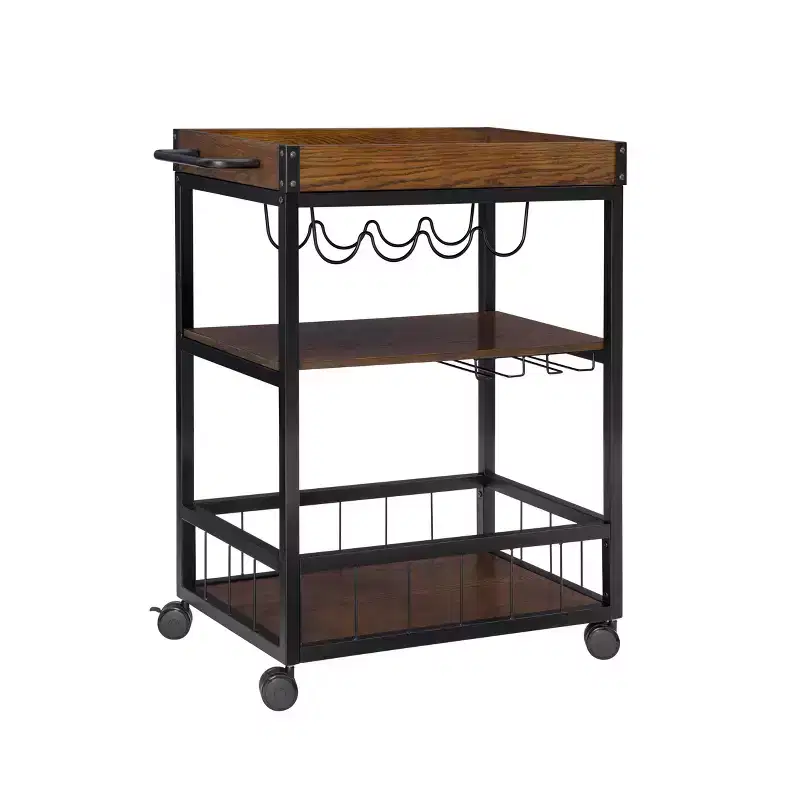 Industrial Metal/Wood Kitchen Cart 3 Shelves Bottle & Glass Racks Storage on Wheels