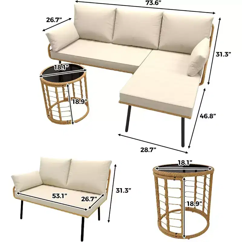 Acekool 3 Piece Patio Set Beige Rattan L-Shaped Sectional Sofa with Chaise Thick Cushions and Tempered Coffee Table for Deck Poolside Backyard Porch