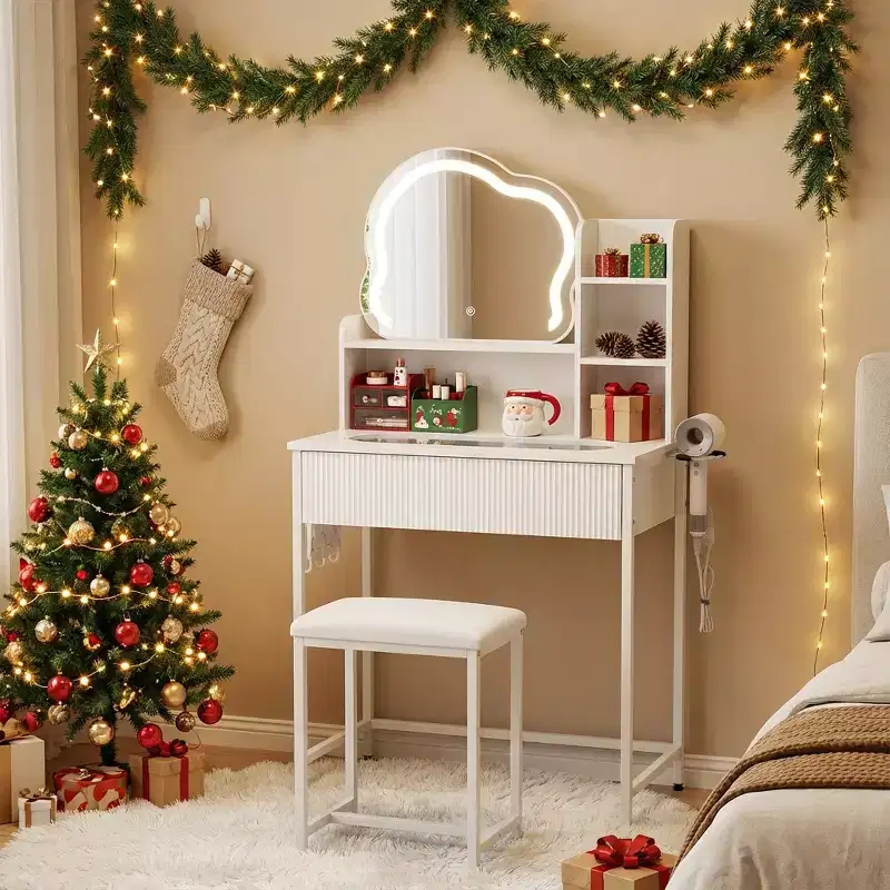 Vanity Desk Set With Led Lighted Mirror & Power Outlet, Makeup Table