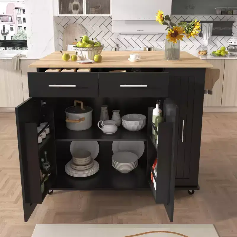 Kitchen Island with 3 Tier Pull Out Cabinet Organizer, Kitchen Cart with Drop Leaf and Storage Rack, Countertop Organizer for Kitchen