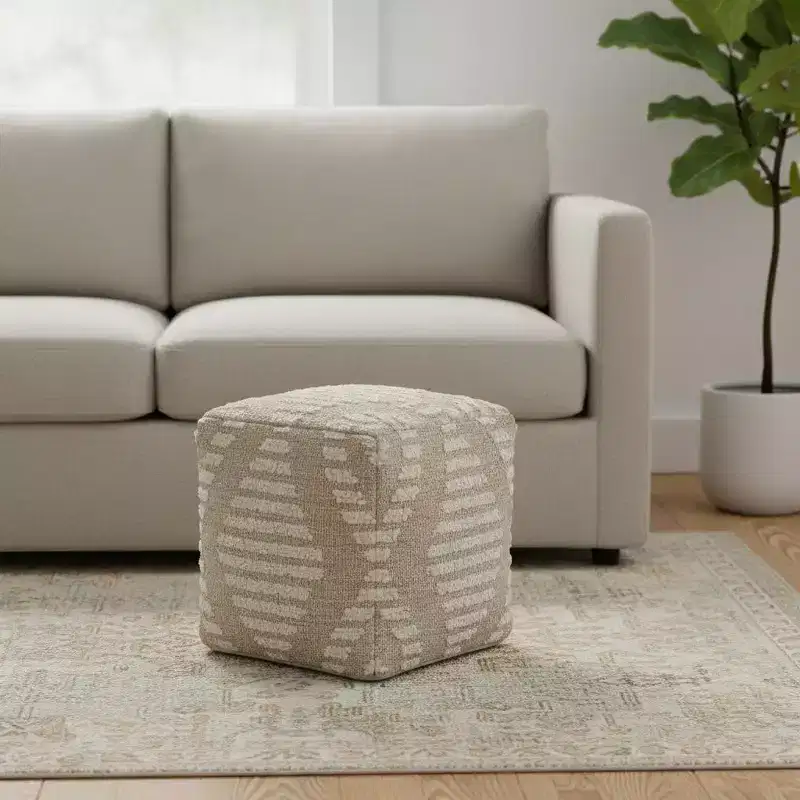 HomeRoots 18 Ivory and Natural Cotton Jute And Wool Geometric Cube Pouf Ottoman