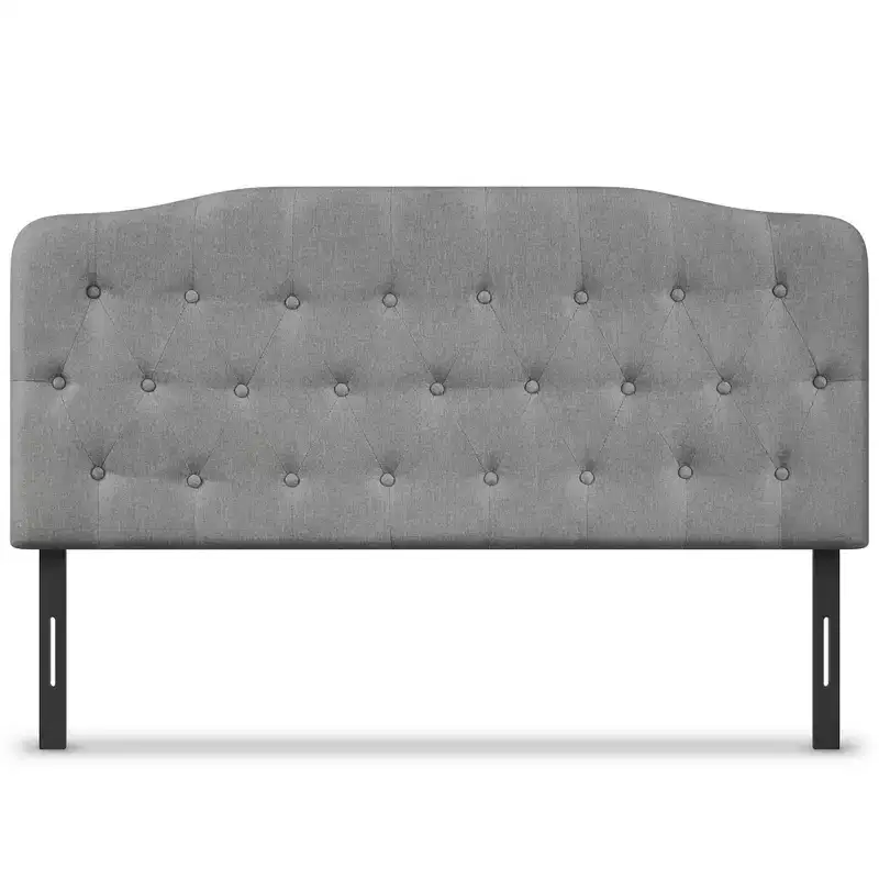Queen Upholstered Headboard Adjustable Button Tufted Faux Linen Light Grey