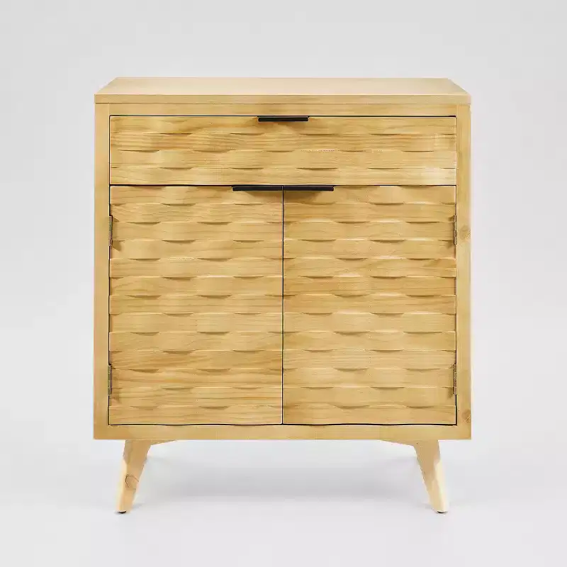 Wooden Cabinet Sideboard with Wavy Carved Facade and Drawer Storage