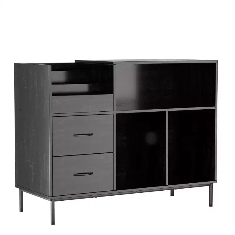 VIYET 35 Eco-Friendly Record Player Stand with Flip-Top, Black MDF+Metal Media Console w/ 2-Outlet Power Strip & Dustproof Storage