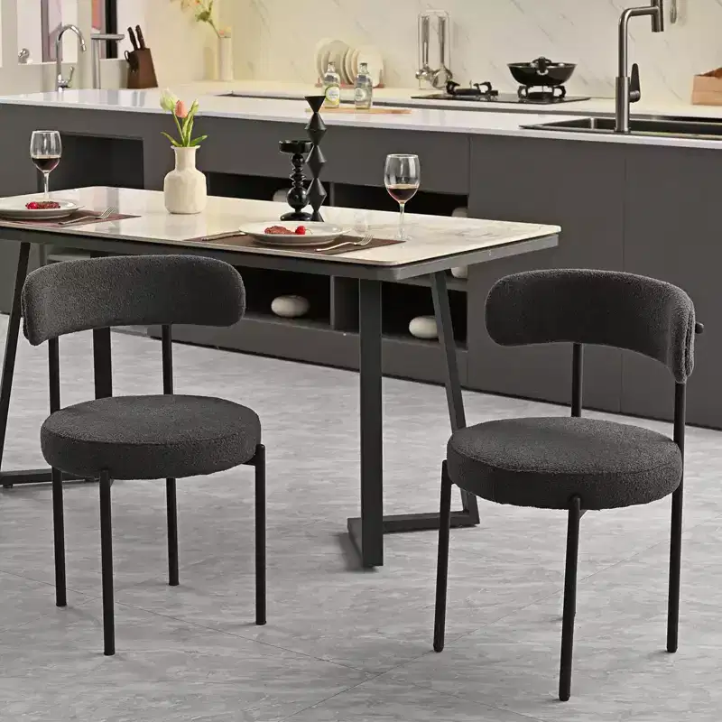 Okak Set of 2 Boucle Dining Chairs, Mid-Century Curved Backrest & Round Upholstered, Cosy Kitchen Chairs for Modern Living Room & Apartment