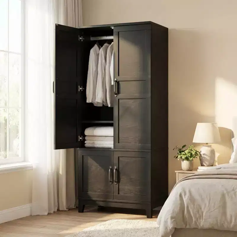 COZONY 72 Wooden Armoire Wardrobe Closet with 4 Doors, Freestanding Clothing Storage Cabinet with Hanging Rod & Adjustable Shelves