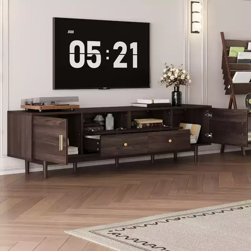 GDFStudio Arjun Modern 76 Wood TV Stand with Drawers and Rattan Storage Cabinet