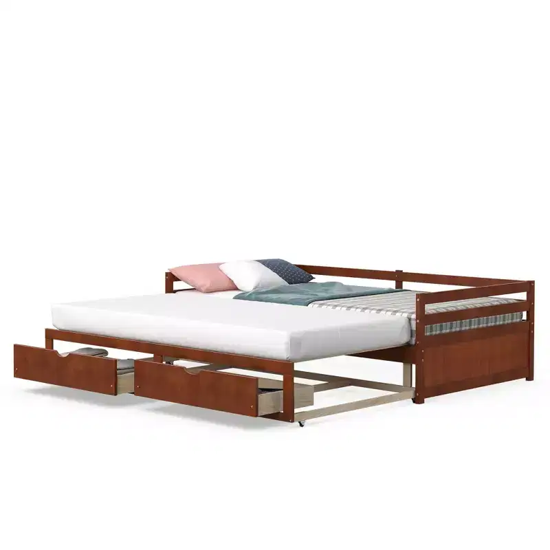Twin to King Extendable Daybed with 2 Drawers Wooden Sofa Bed White/Cherry