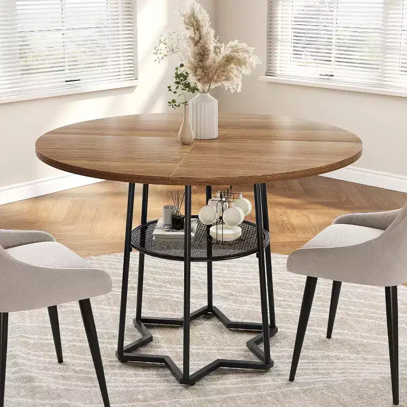 38 Round Dining Table with Hexagon Metal Base, Wooden Tabletop and Lower Storage Shelf, Compact Farmhouse Style Table for Kitchen, Living Room