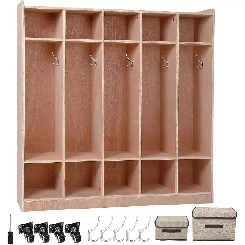 5 Section Wooden Kids Coat Locker Cubby with 5 Hooks, 4 Wheels, 2 Organizers, Toddler Sized Daycare Storage Cubbies for Homeschool, Kindergarten