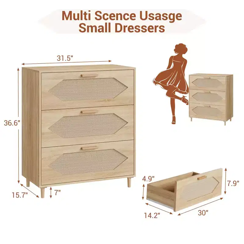 3 Drawer Rattan Dresser for Bedroom, Rattan Modern Dresser Wood Chest of Drawers, Wooden Storage Cabinets for Bedrooms,Living Rooms and Entryways