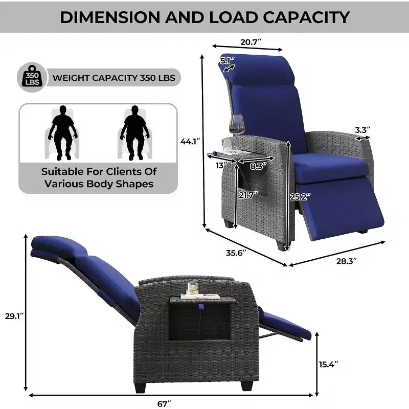 Patio Recliner Chair, Adjustable Back Footrest PE Wicker Weather Resistant with Flip Up Table Air Pump