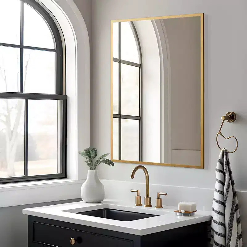Aluminum Alloy Thin Edge Right Angle Rectangular Gold Hanging Mirror 91x61x1.5cm(Double-Sided Installation)