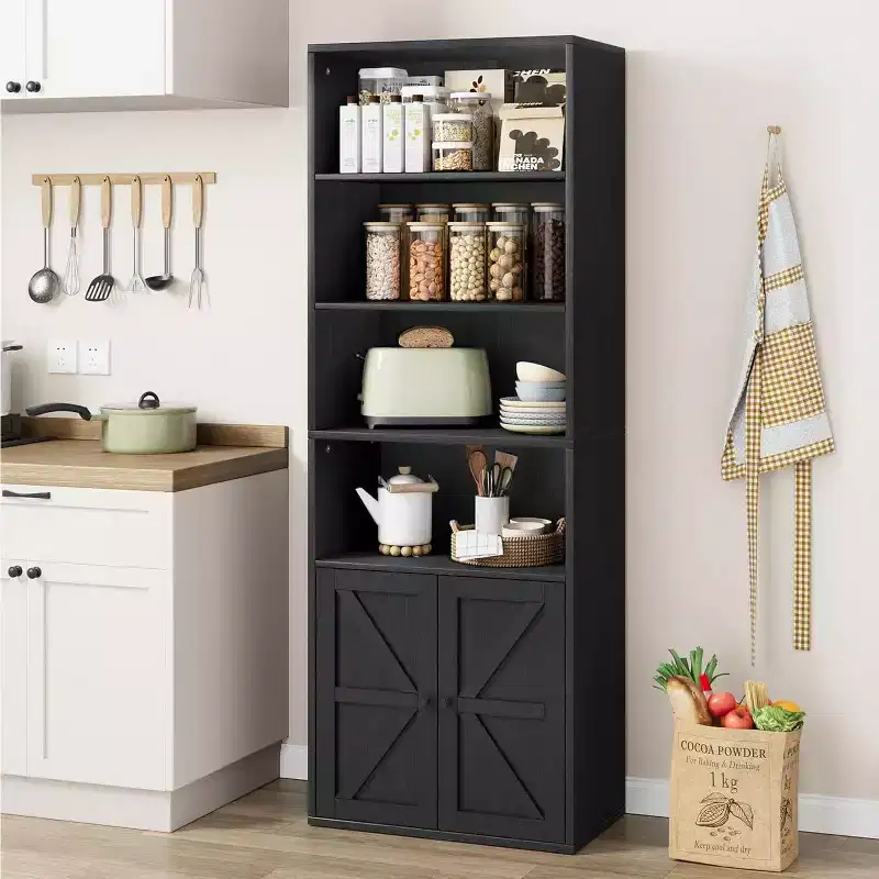 Farmhouse 71.4in Tall Bookcase with Doors 11.8in Depth Display Storage Shelves Industrial Bookcases Wooden 6 Shelf Bookshelves for Home Office