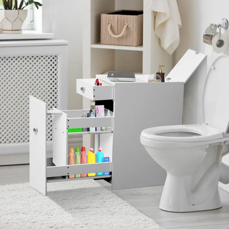 Bathroom Floor Organizer Free Standing Space Saving Narrow Storage Cabinet with Drawers White