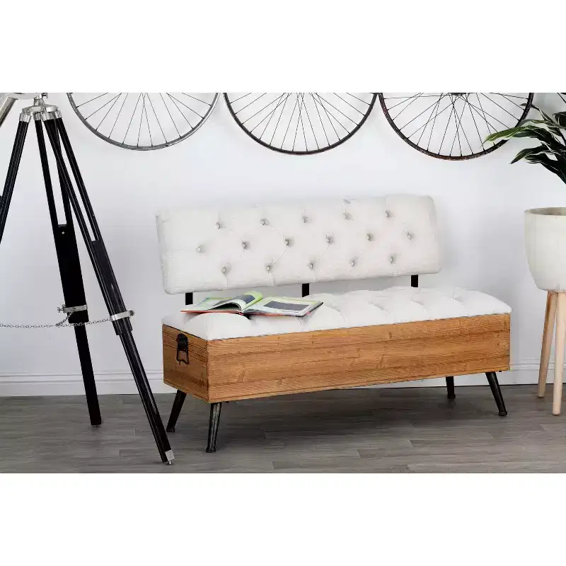 Industrial Wood Rectangular Upholstered Storage Bench White: Entryway, Dining Seating