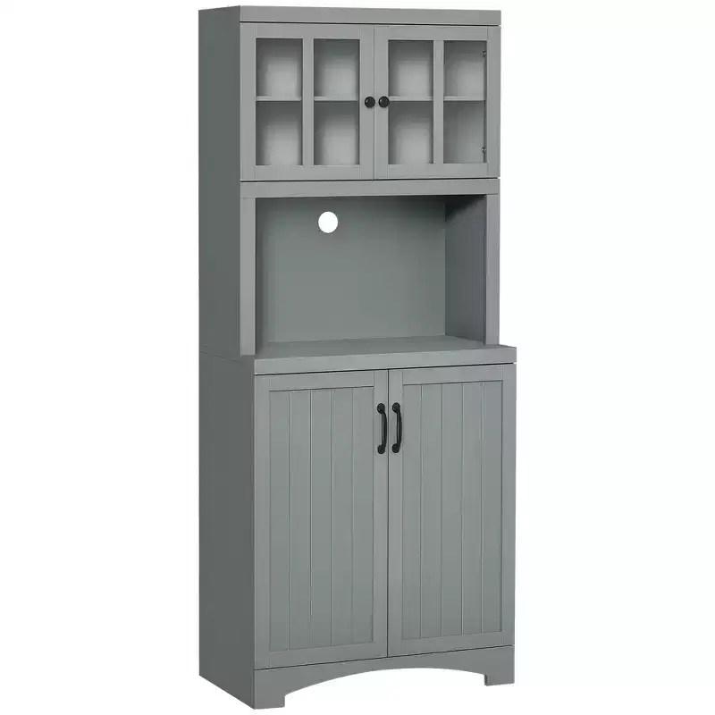 Kitchen Hutch, 70 Pantry Cabinet with Glass Framed Door, Storage Cabinet with Adjustable Shelves and Microwave Space for Dining Room