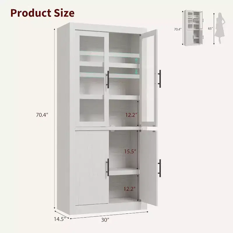 All-Wood Kitchen Pantry Cabinet with 4 Magnetic Doors, Farmhouse Style Freestanding Food Storage Cupboard, Adjustable Shelves, Large Capacity