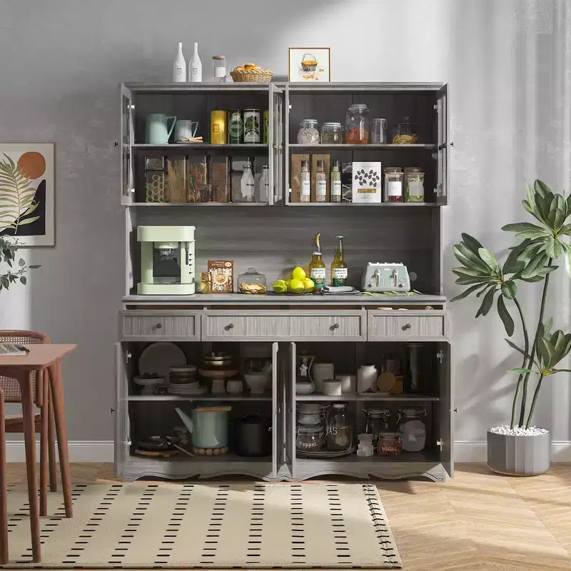 Famapy 61.2W Gray Storage Cabinet Buffet Hutch Kitchen Pantry Cabinet with Ornate Base Trim: Blend of Elegance and Utility