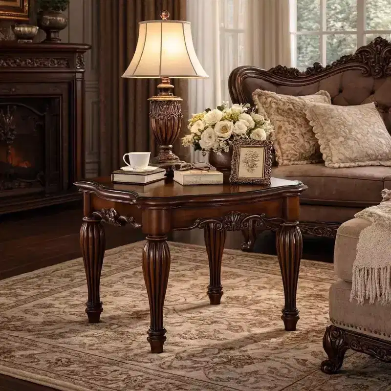 Royal Hampton Square Top End Table With Scrolled Leg And Bottom Shelf, Cherry Brown