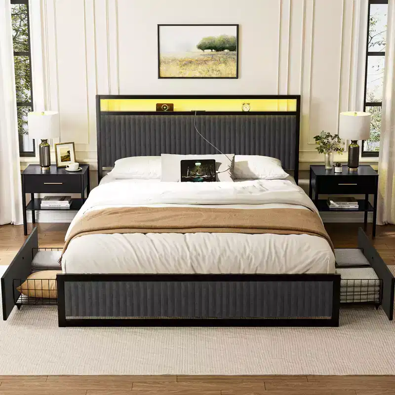 Upholstered Platform Bed Frame with 2 Storage Drawers, LED Headboard & USB Ports, Dark Gray