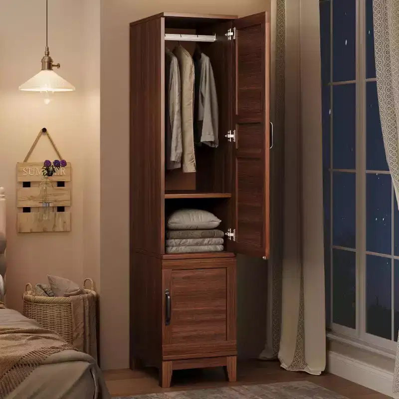 Double-door wardrobe with hanging rod, 72-inch narrow and tall wardrobe with 18 adjustable shelves.