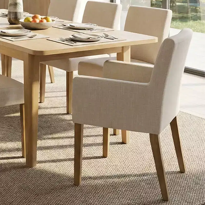9-Piece Dining Table Set with Leaf, Includes 6 Armless Chairs and 2 Armchairs in Neutral Linen, Solid Wood Legs, Modern Style-Panipeachy
