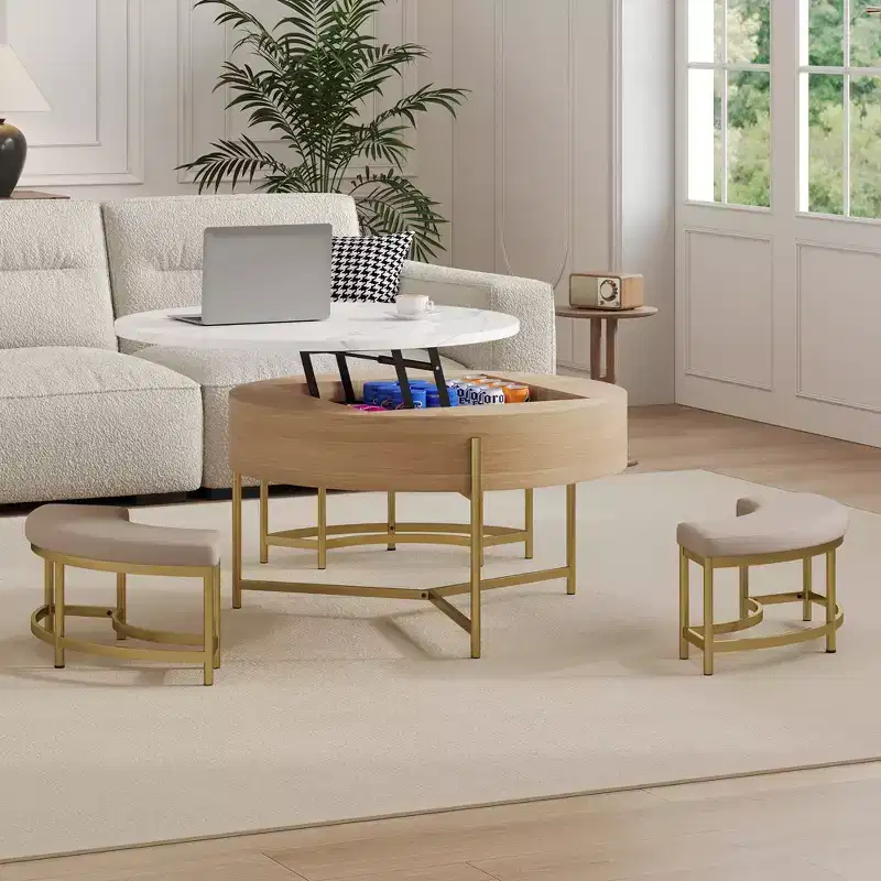 Round Lift-Top Coffee Table with Ottomans and Storage, Gold Center Table Set with Stools Underneath for Living Room