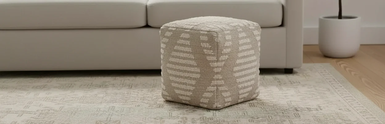 Cotton Jute & Wool Geometric Cube Pouf Ottoman 18''H x 18''W Ivory